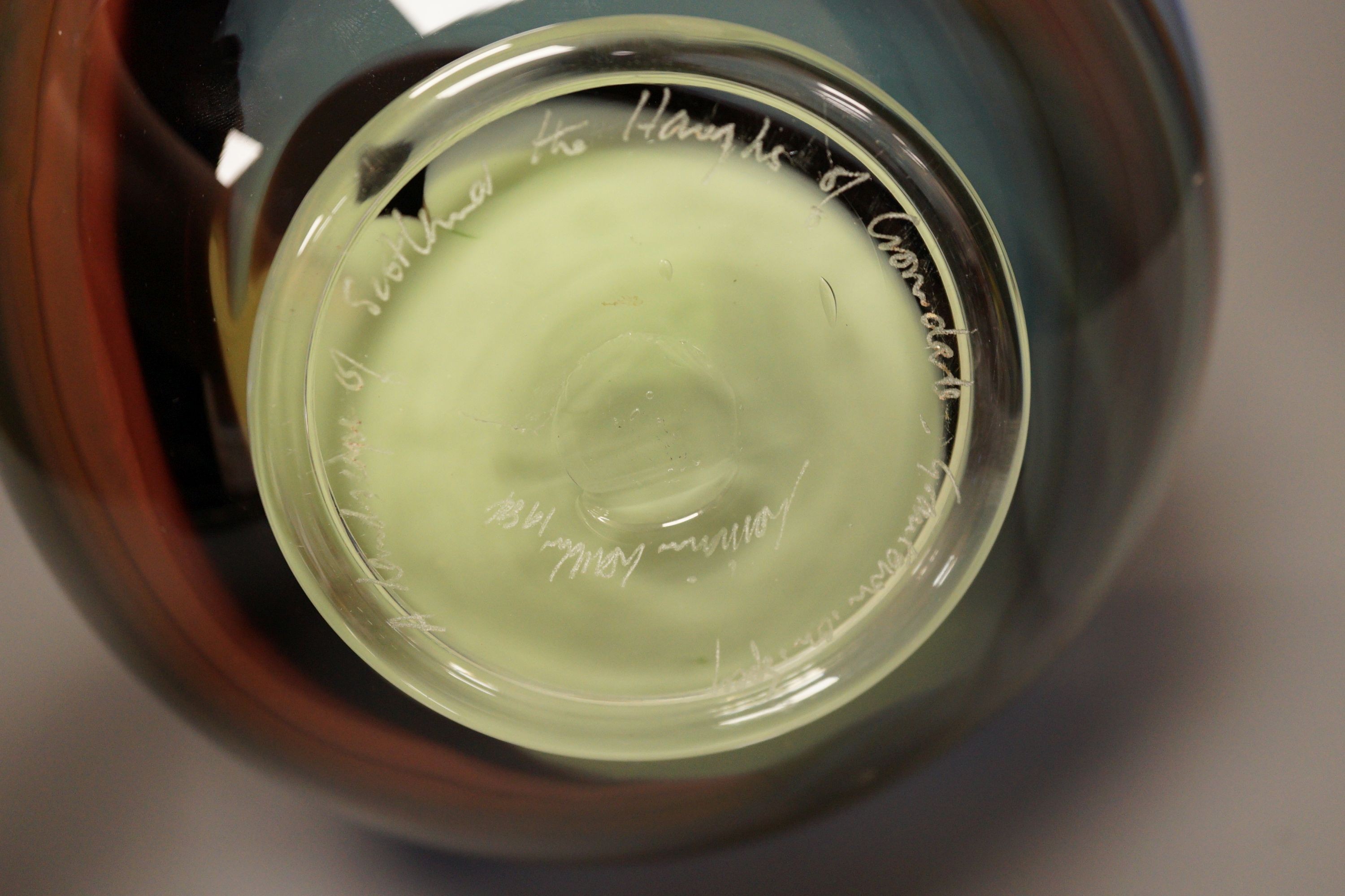 An Art Glass bowl depicting a landscape of the Scottish Highlands, 1984, 15.5cm tall